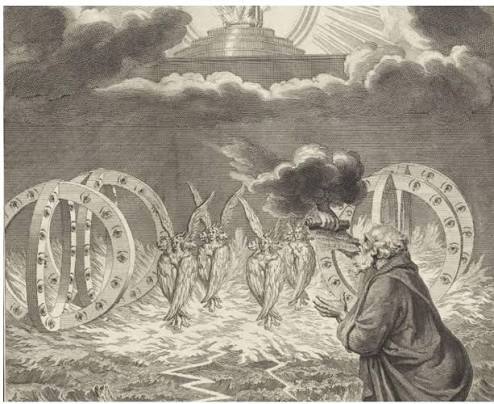 A detailed historical illustration of Ezekiel's Vision — the four living creatures, the great wheels covered with eyes, and the divine throne above